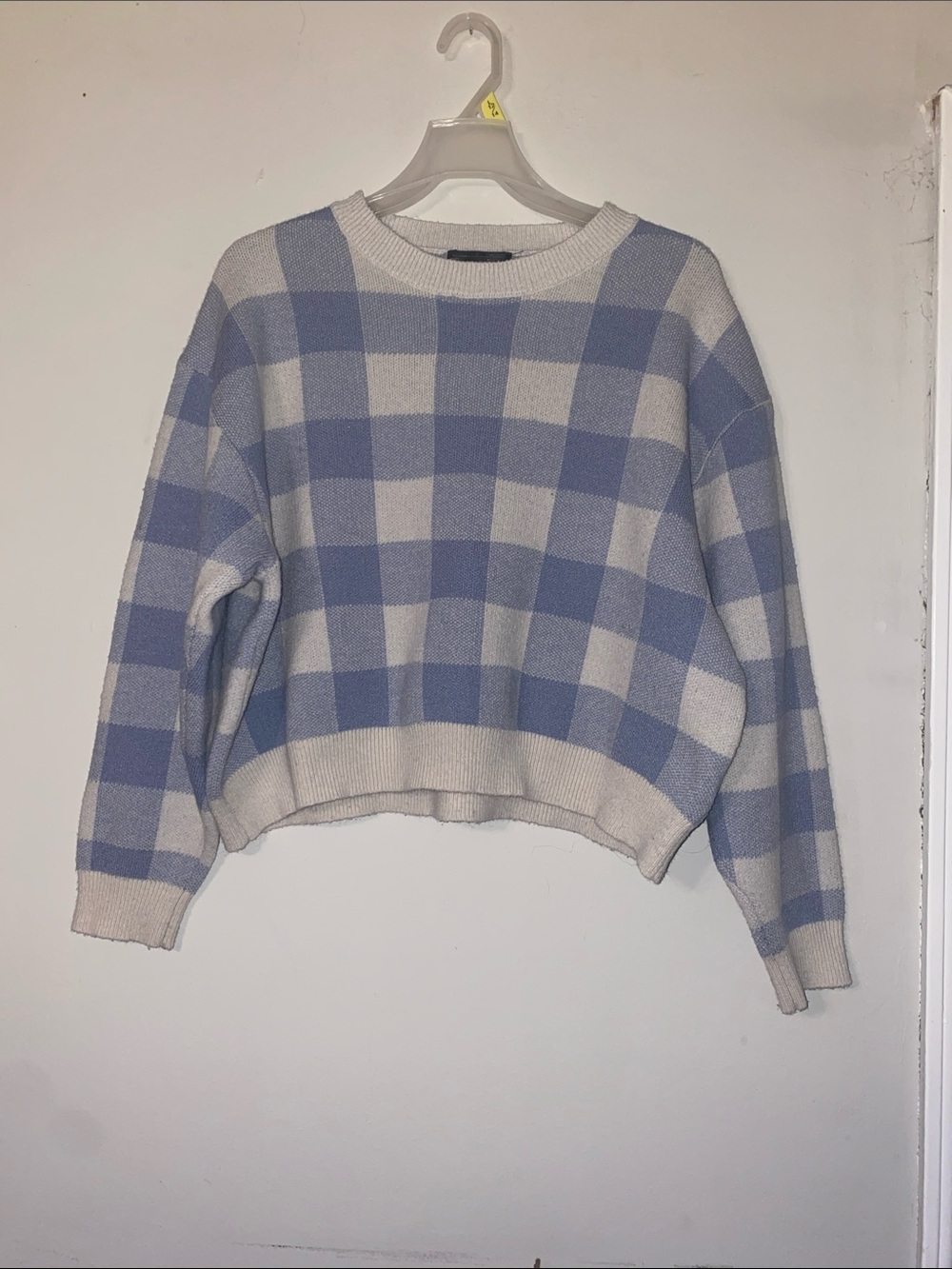 Relaxed Check Crewneck Sweater in Blue and White